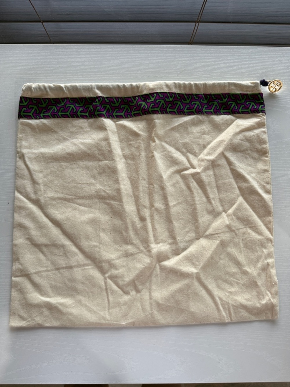 Tory Burch Cream Drawstring Dust Bag with Purple & Green Trim